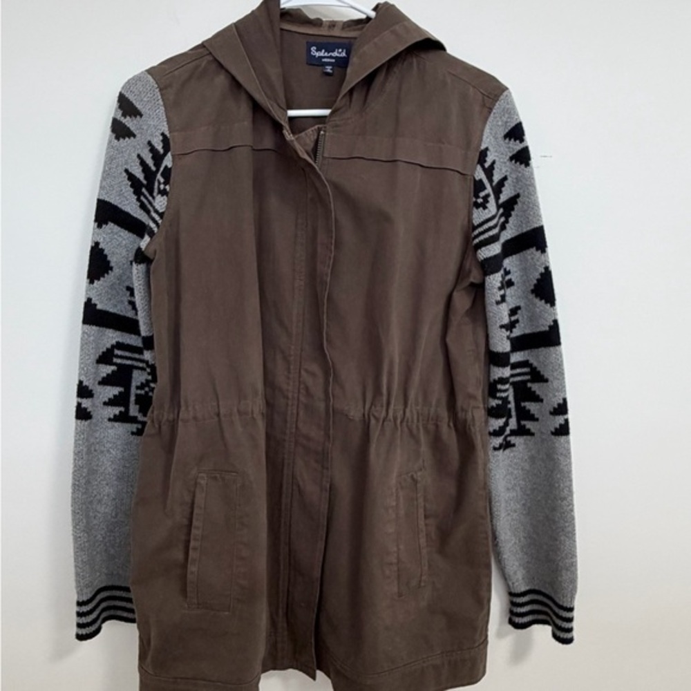 Splendid Brown Utility Jacket with Aztec sweater sleeves and hood ! Size M